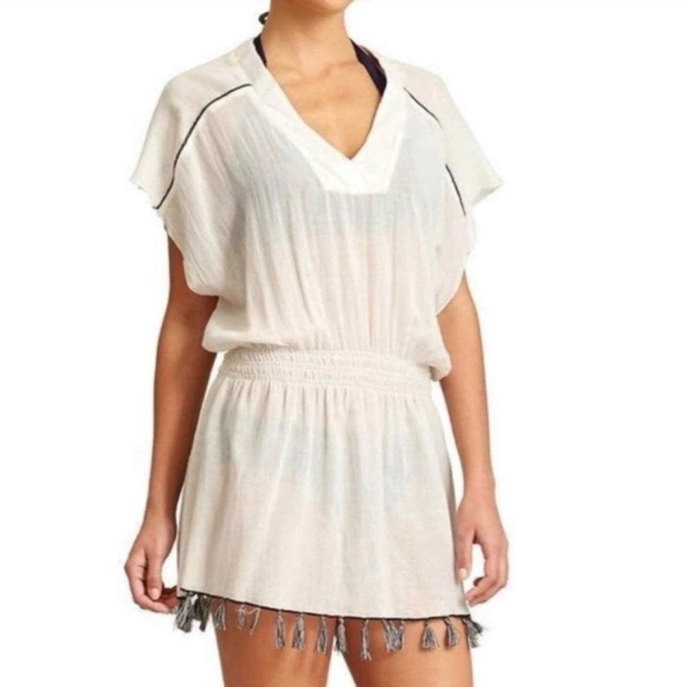 Athleta Swim Cover Up Cream Black Tassles Deep V Size XXS NWT
